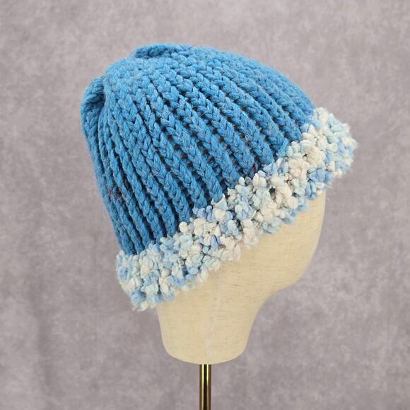 Blue White Crochet Knit Bucket Cap Hat Fun Vintage Y2K Funky Beanie - Picture 1 of 4
